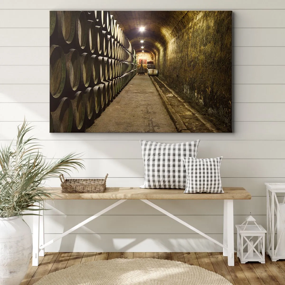 Bild auf Leinwand - Leinwandbild - Ein Keller mit in Reihen angeordneten hölzernen Weinfässern - 70x50cm - Es ist gut, sich hinzulegen - Moderne Wanddekoration für Wohnzimmer und Schlafzimmer ARTTOR