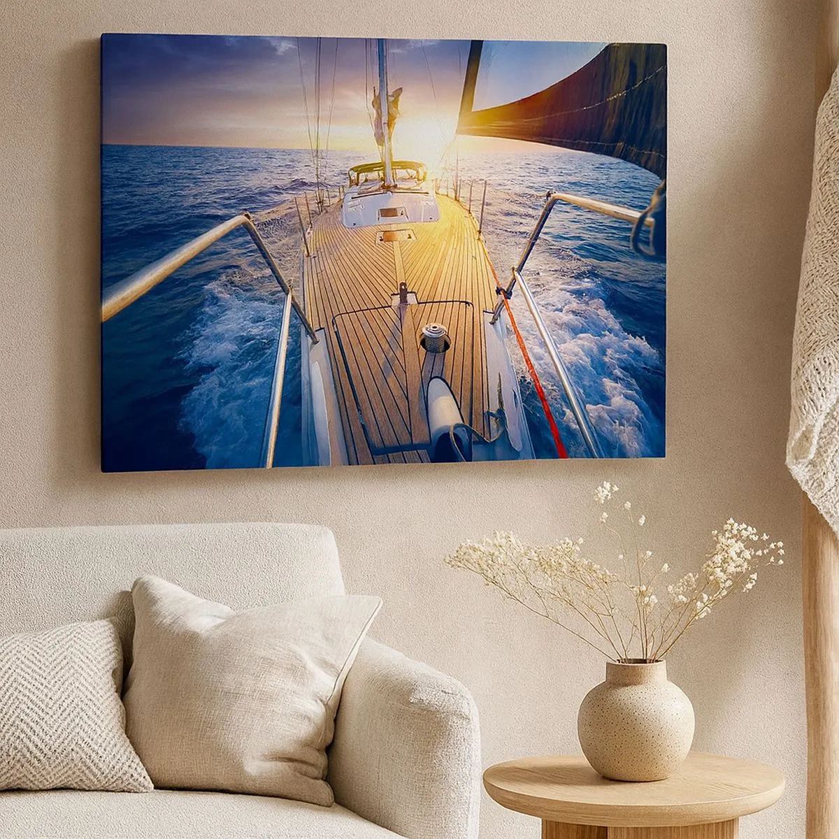 Bild auf Leinwand - Leinwandbild - Yacht auf See bei Sonnenuntergang - 70x50cm - Laufen unter den Wellen - Moderne Wanddekoration für Wohnzimmer und Schlafzimmer ARTTOR