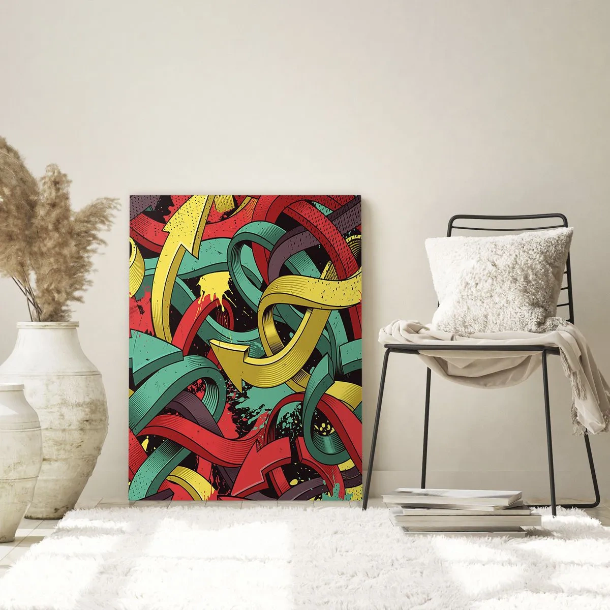 Glasbild - Bild auf glas - Bunte Abstraktion mit dynamischen Pfeilen und Bewegung - 50x70cm - Welcher Weg zum Ziel? - Moderne Wanddekoration für Wohnzimmer und Schlafzimmer ARTTOR