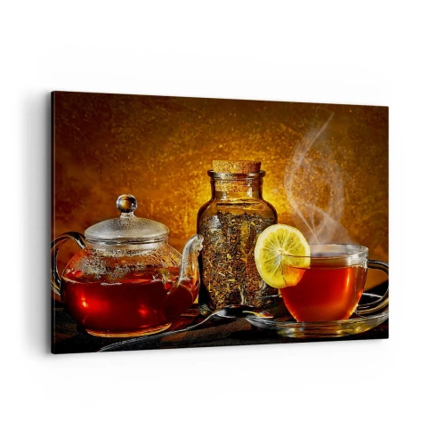 Bild auf Leinwand - Leinwandbild - Tee in einer Glaskanne mit Zitrone und losem Tee - 100x70cm - Im Stil der niederländischen Meister - Moderne Wanddekoration für Wohnzimmer und Schlafzimmer ARTTOR