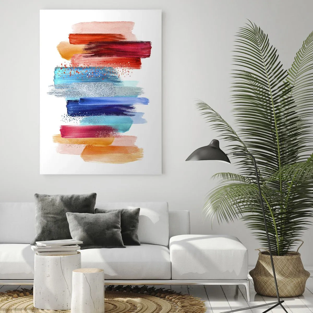 Glasbild - Bild auf glas - Bunte Pinselstriche auf weißem Hintergrund - 80x120cm - Auf und ab - Moderne Wanddekoration für Wohnzimmer und Schlafzimmer ARTTOR