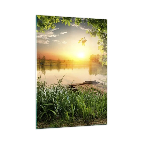Glasbild - Bild auf glas - Landschaft mit einem von Grün umgebenen See bei Sonnenuntergang - 50x70cm - Landschaft in einem grünen Rahmen - Moderne Wanddekoration für Wohnzimmer und Schlafzimmer ARTTOR