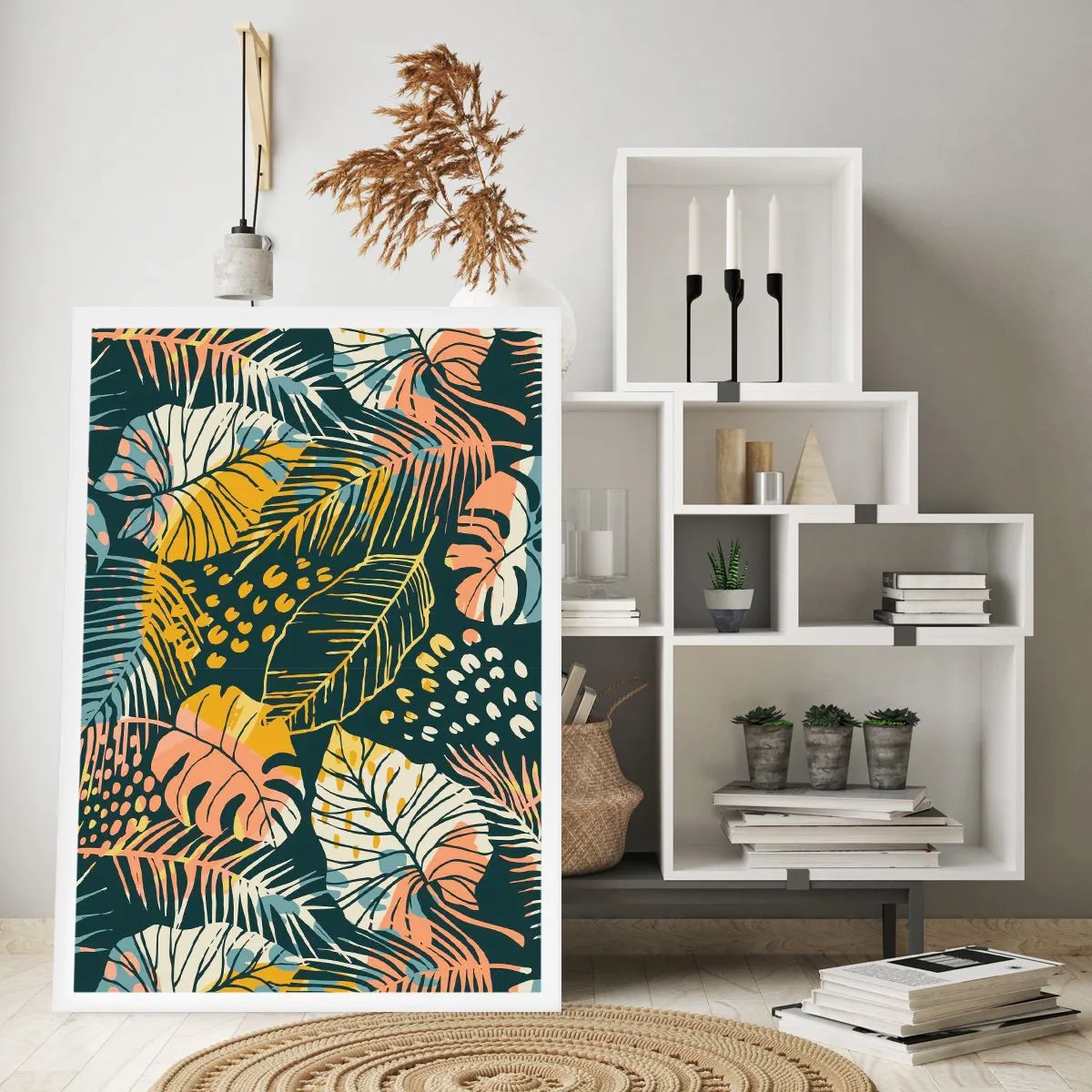 Poster - Ein farbenfrohes tropisches Blattmuster in Grün-, Gelb- und Rosatönen. - 50x70cm - Grüne Fantasie - Moderne Wanddekoration für Wohnzimmer und Schlafzimmer ARTTOR