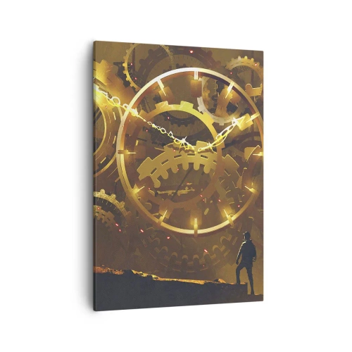 Bild auf Leinwand - Leinwandbild - Goldene Zahnräder in einer surrealen Umgebung mit einer Figur - 50x70cm - An der Quelle der Zeit - Moderne Wanddekoration für Wohnzimmer und Schlafzimmer ARTTOR