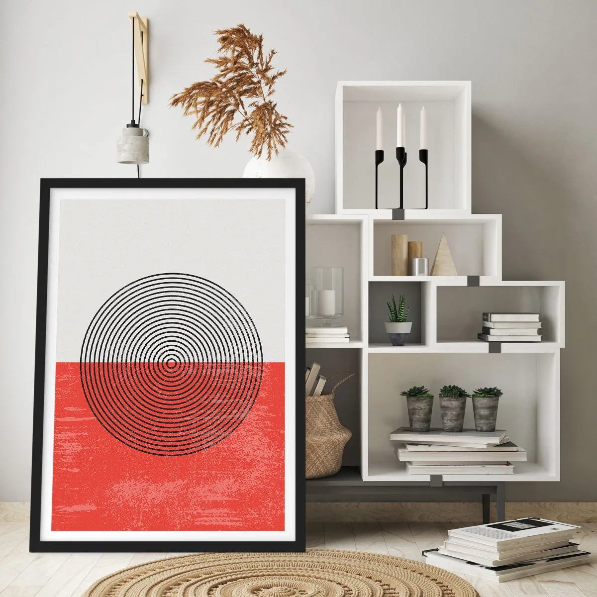 Poster in einem schwarzem Rahmen - Geometrische Komposition mit Kreisen auf rot-weißem Hintergrund - 50x70cm - Auf den Punkt gebracht - Moderne Wanddekoration für Wohnzimmer und Schlafzimmer ARTTOR
