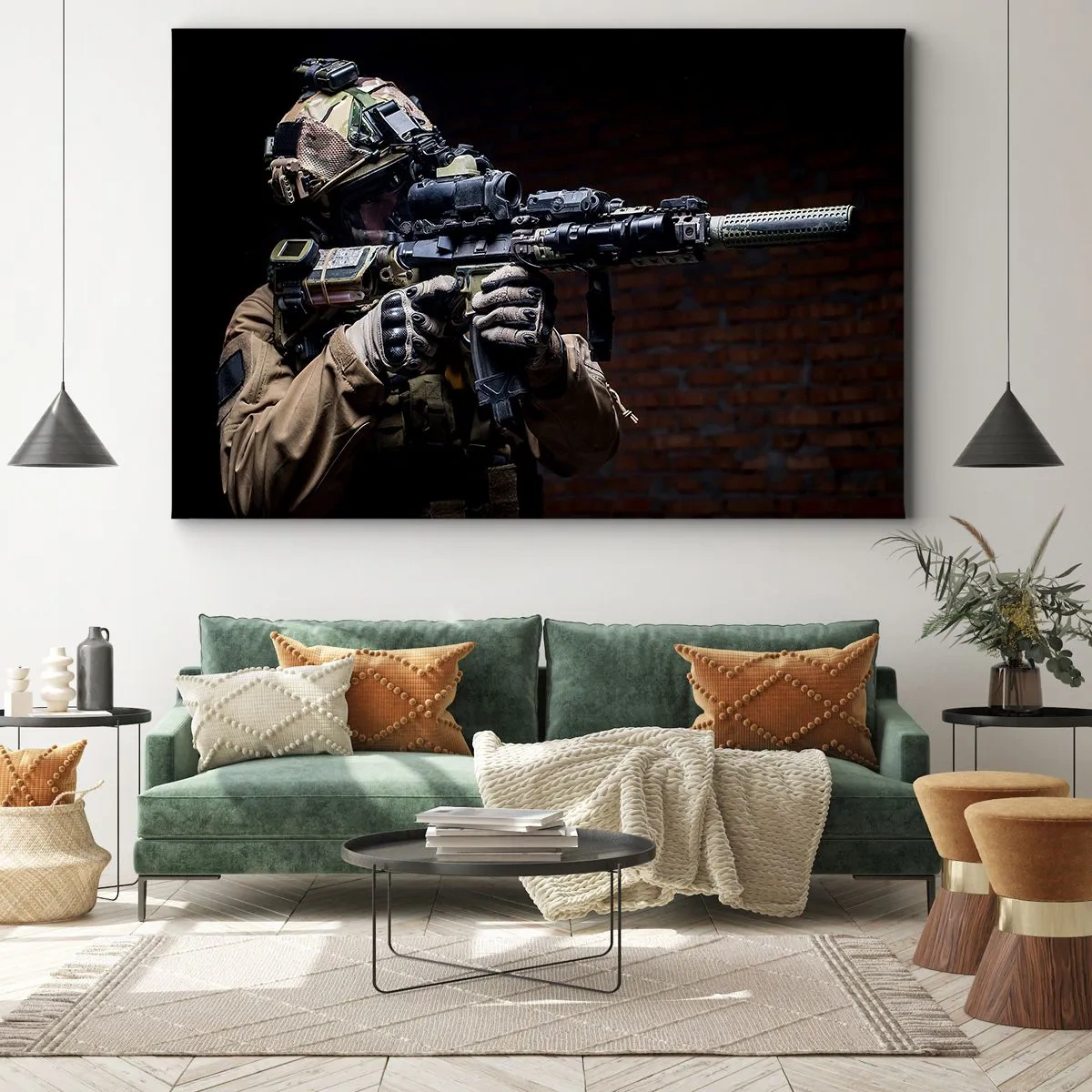Bild auf Leinwand - Leinwandbild - Ein Soldat in voller Montur mit einem Gewehr - 70x50cm - Tödlich wirksam - Moderne Wanddekoration für Wohnzimmer und Schlafzimmer ARTTOR