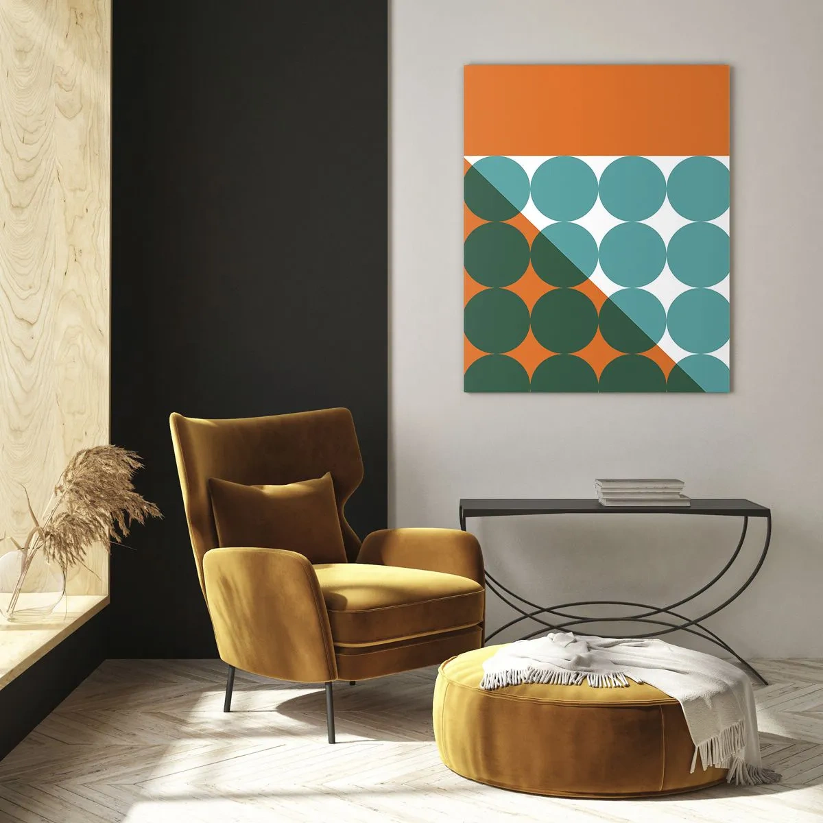 Glasbild - Bild auf glas - Abstrakte geometrische Komposition mit Kreisen und einem Dreieck - 50x70cm - Nach oben und schräg - Moderne Wanddekoration für Wohnzimmer und Schlafzimmer ARTTOR