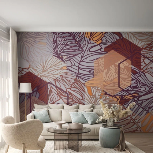 Fototapete Premium Canvas - Unmögliche Beziehung zwischen Geometrie und Natur - Abstraktion, Grafik, Blätter - 250x175 cm