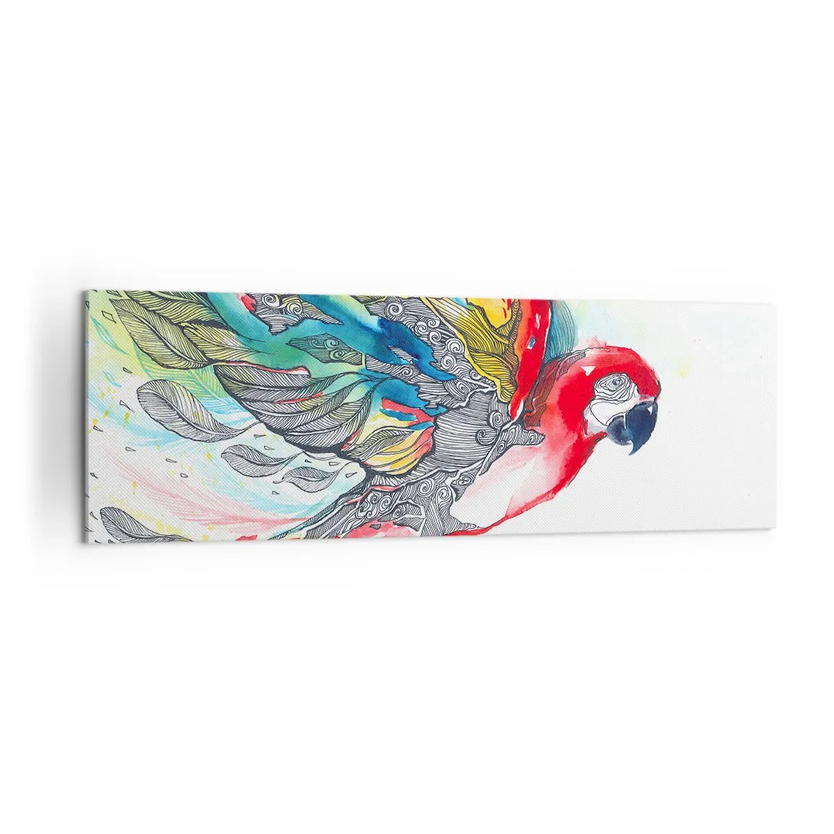 Bild auf Leinwand - Leinwandbild - Ein bunter Papagei im Flug mit abstrakten Mustern auf seinen Flügeln. - 160x50cm - Leben Sie bunt - Moderne Wanddekoration für Wohnzimmer und Schlafzimmer ARTTOR