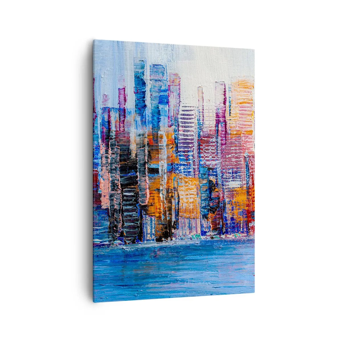 Bild auf Leinwand - Leinwandbild - Ein farbenfrohes Panorama der Stadt mit Spiegelungen auf dem Wasser - 70x100cm - Fröhliche Metropole - Moderne Wanddekoration für Wohnzimmer und Schlafzimmer ARTTOR