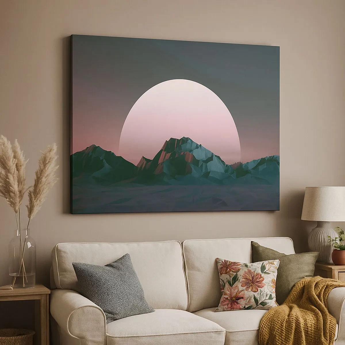 Bild auf Leinwand - Leinwandbild - Geometrische Berge mit der untergehenden Sonne im Hintergrund - 70x50cm - In einer Nachbargalaxie - Moderne Wanddekoration für Wohnzimmer und Schlafzimmer ARTTOR