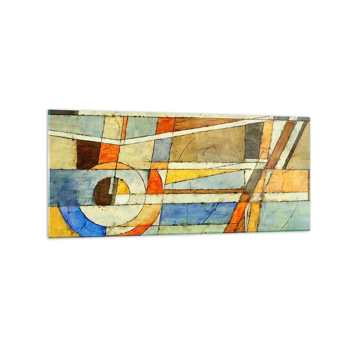 Glasbild - Bild auf glas - Geometrische Abstraktion in Beige-, Blau- und Orangetönen - 120x50cm - Kubismus auf der Baustelle - Moderne Wanddekoration für Wohnzimmer und Schlafzimmer ARTTOR