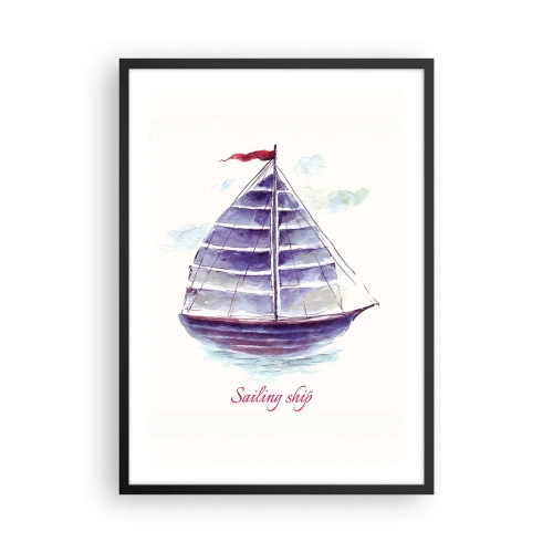 Poster in einem schwarzem Rahmen - Aquarell-Illustration eines Segelschiffs auf ruhigem Wasser - 50x70cm - Volle Segel und ruhiges Wasser - Moderne Wanddekoration für Wohnzimmer und Schlafzimmer ARTTOR