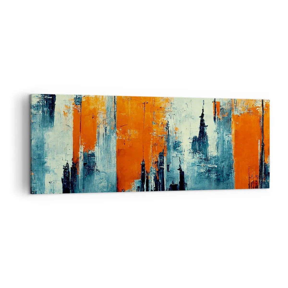 Bild auf Leinwand - Leinwandbild - Abstrakte Stadtlandschaft in Orange- und Blautönen - 140x50cm - Moderne Landschaft - Moderne Wanddekoration für Wohnzimmer und Schlafzimmer ARTTOR