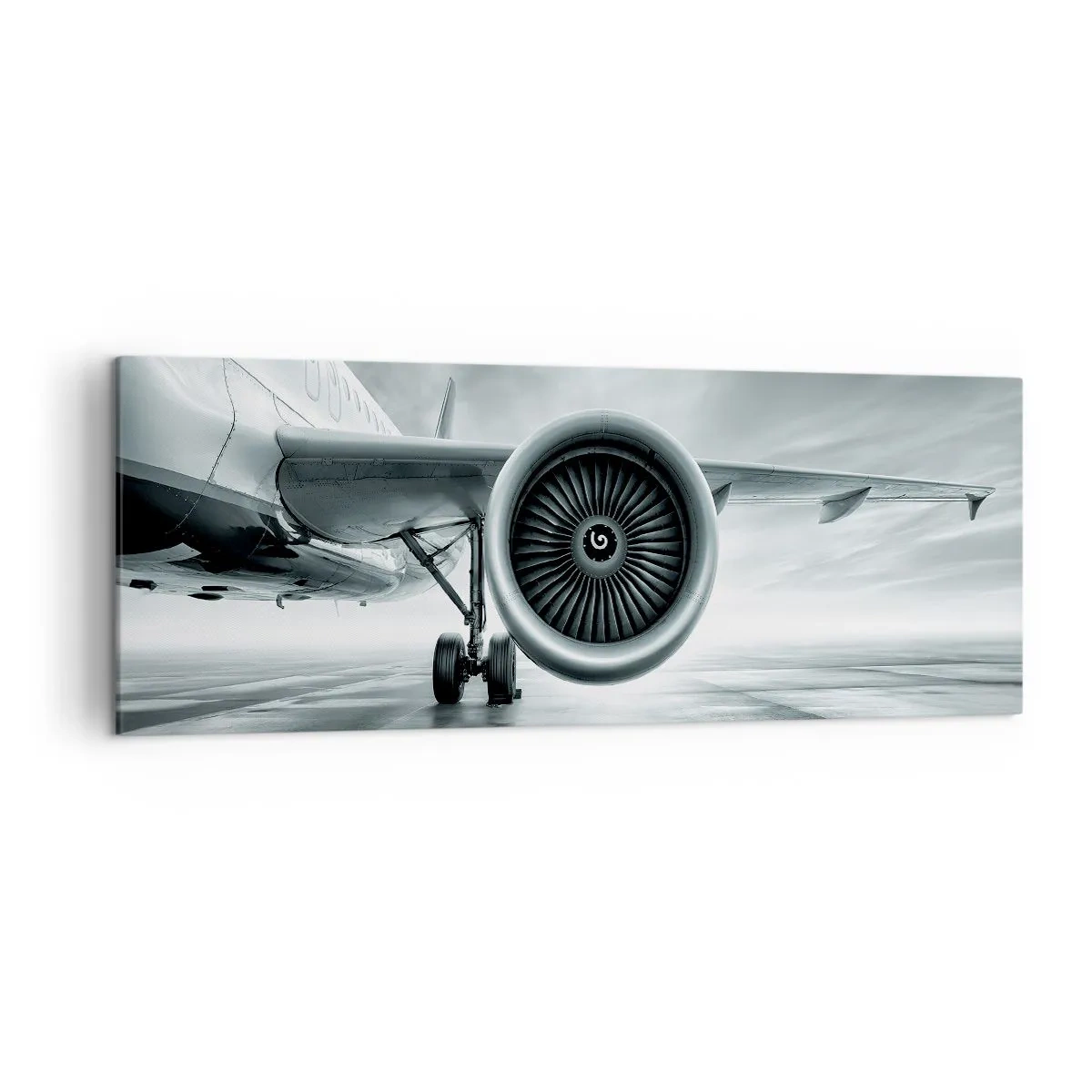 Bild auf Leinwand - Leinwandbild - Das Düsentriebwerk eines Flugzeugs auf dem Rollfeld - 140x50cm - Die Macht ist da! - Moderne Wanddekoration für Wohnzimmer und Schlafzimmer ARTTOR