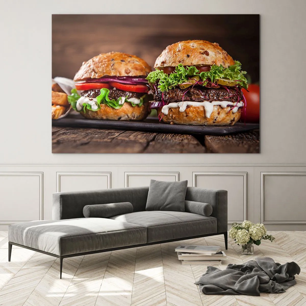 Glasbild - Bild auf glas - Appetitliche Burger mit Gemüse und Sauce - 70x50cm - Amerikanischer Traum - Moderne Wanddekoration für Wohnzimmer und Schlafzimmer ARTTOR