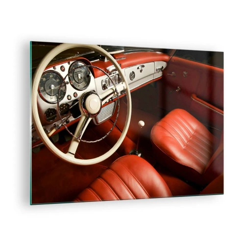 Glasbild - Bild auf glas - Oldtimer-Innenraum mit roten Sitzen - 70x50cm - Luxus im Vintagestil - Moderne Wanddekoration für Wohnzimmer und Schlafzimmer ARTTOR