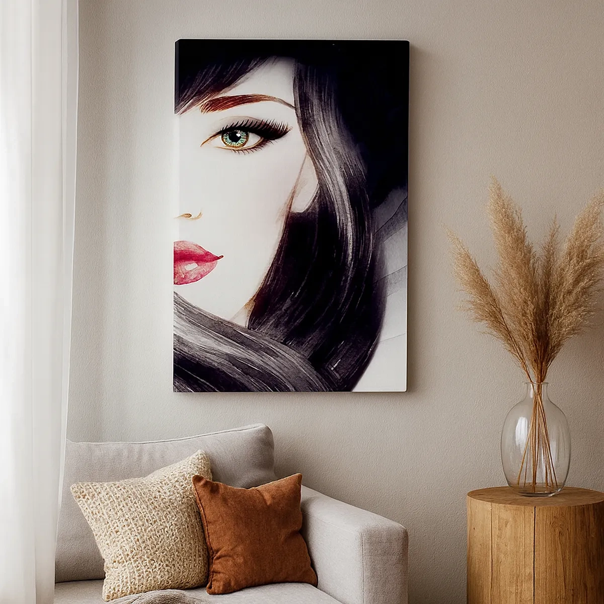 Bild auf Leinwand - Leinwandbild - Porträt einer Frau mit ausdrucksstarkem Blick und roten Lippen - 50x70cm - Saphir-Optik - Moderne Wanddekoration für Wohnzimmer und Schlafzimmer ARTTOR