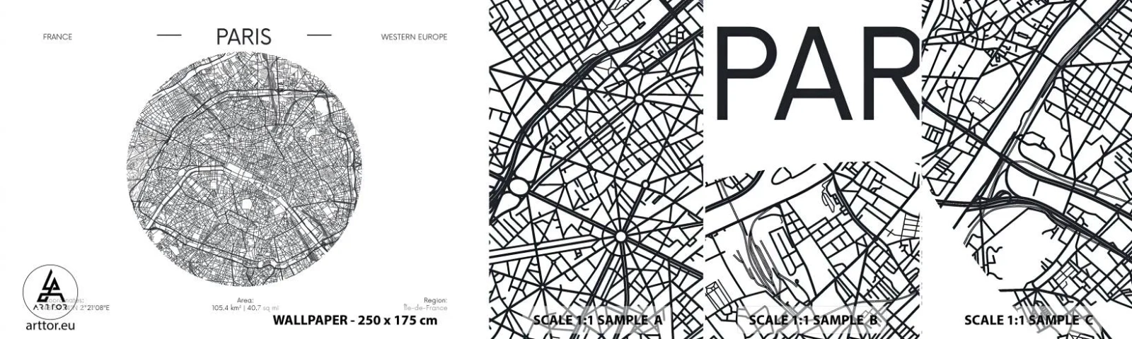 Fototapetenmuster Standard Eco - Anatomie von Paris - Karte, Paris, Frankreich - 100x30 cm