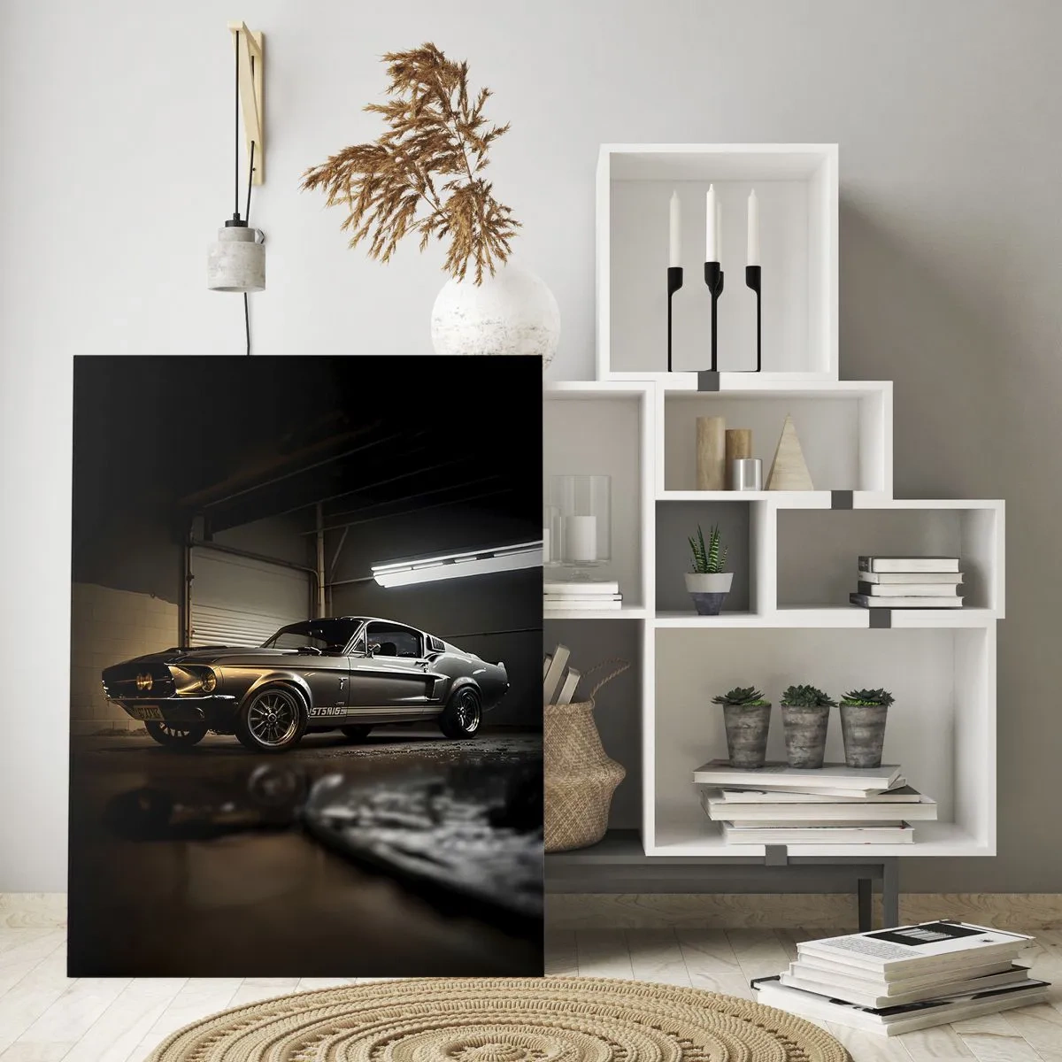 Glasbild - Bild auf glas - Oldtimer in Retro-Garage - 70x100cm - Zurück in die Vergangenheit - Moderne Wanddekoration für Wohnzimmer und Schlafzimmer ARTTOR