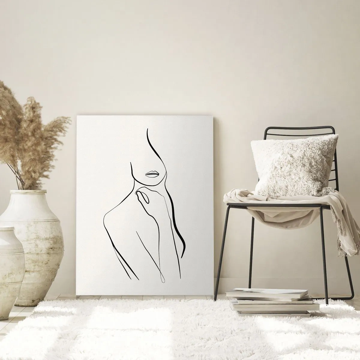 Glasbild - Bild auf glas - Eine minimalistische Skizze der Silhouette einer Frau vor hellem Hintergrund. - 80x120cm - Eine Welle der Melancholie - Moderne Wanddekoration für Wohnzimmer und Schlafzimmer ARTTOR