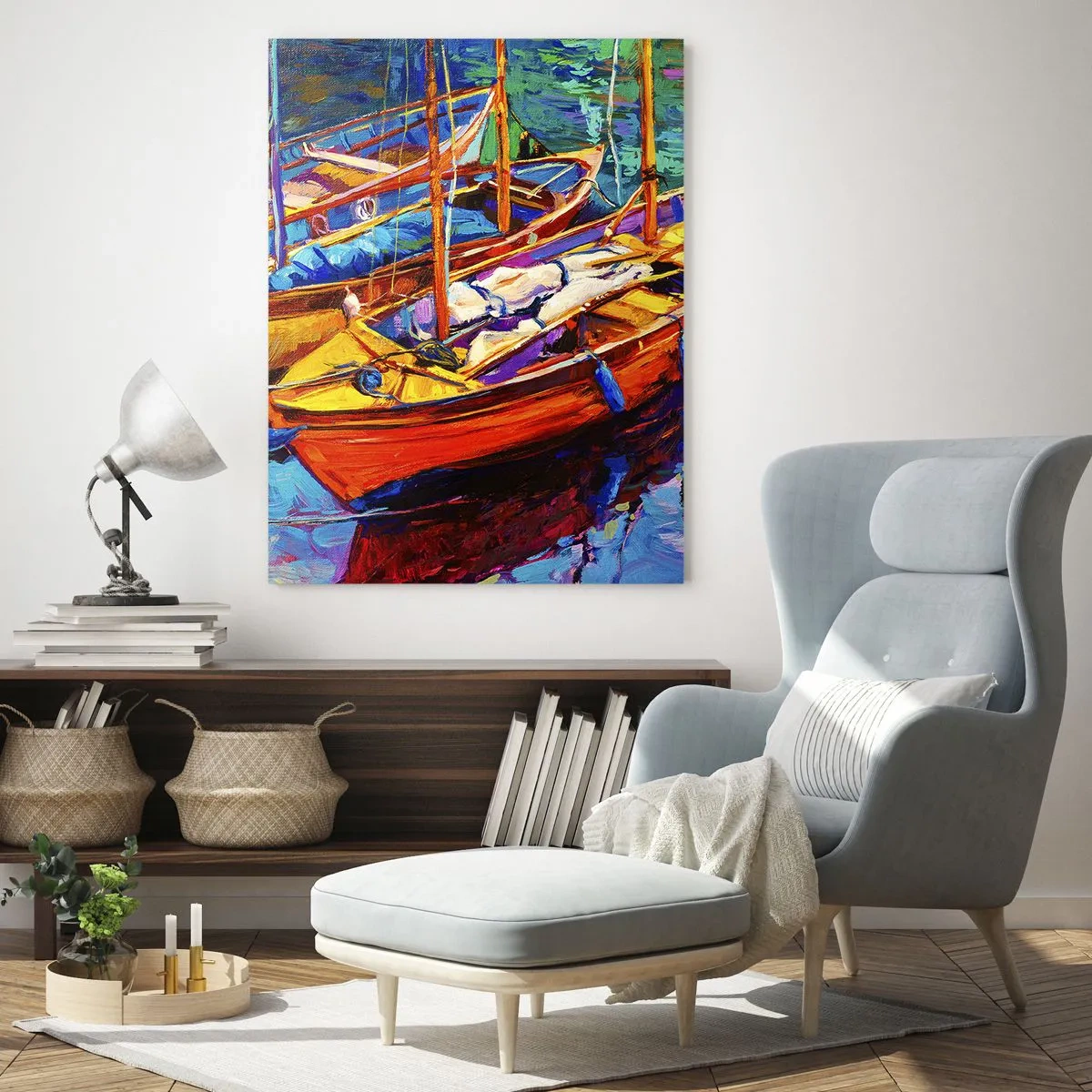 Glasbild - Bild auf glas - Bunte Boote auf ruhigem Wasser - 80x120cm - Auf Wasser dick mit Farben - Moderne Wanddekoration für Wohnzimmer und Schlafzimmer ARTTOR