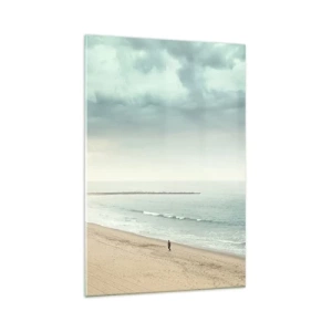Glasbild - Bild auf glas - Eine einsame Gestalt an einem verlassenen Strand an einem ruhigen Meer - 70x100cm - Auf der Suche nach Frieden - Moderne Wanddekoration für Wohnzimmer und Schlafzimmer ARTTOR