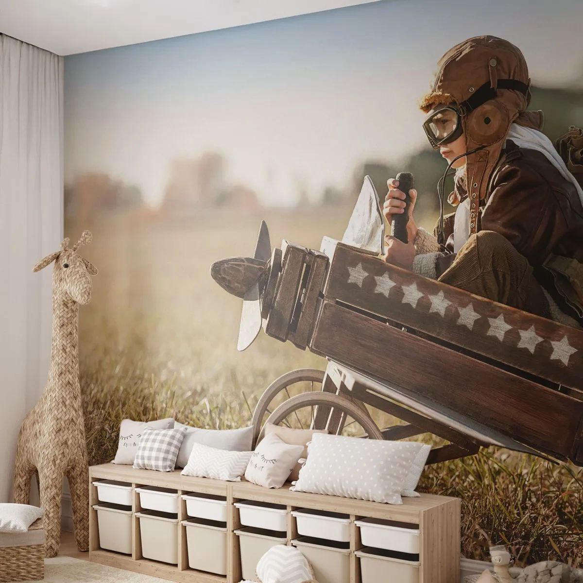 Fototapete Premium Canvas - Start in Richtung eines Traums - Junge, Flugzeug, Jahrgang - 200x140 cm