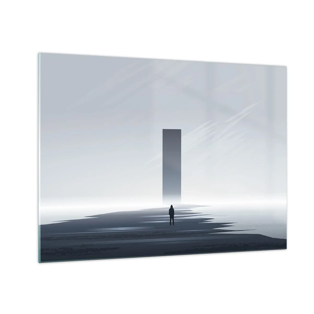 Glasbild - Bild auf glas - Eine minimalistische Landschaft mit einer Figur und einem Monolithen in der Ferne. - 70x50cm - Chance oder Bedrohung? - Moderne Wanddekoration für Wohnzimmer und Schlafzimmer ARTTOR