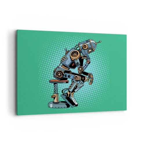 Bild auf Leinwand - Leinwandbild - Denkerroboter im Pop-Art-Stil auf grünem Hintergrund - 100x70cm - Über der Essenz des Seins - Moderne Wanddekoration für Wohnzimmer und Schlafzimmer ARTTOR