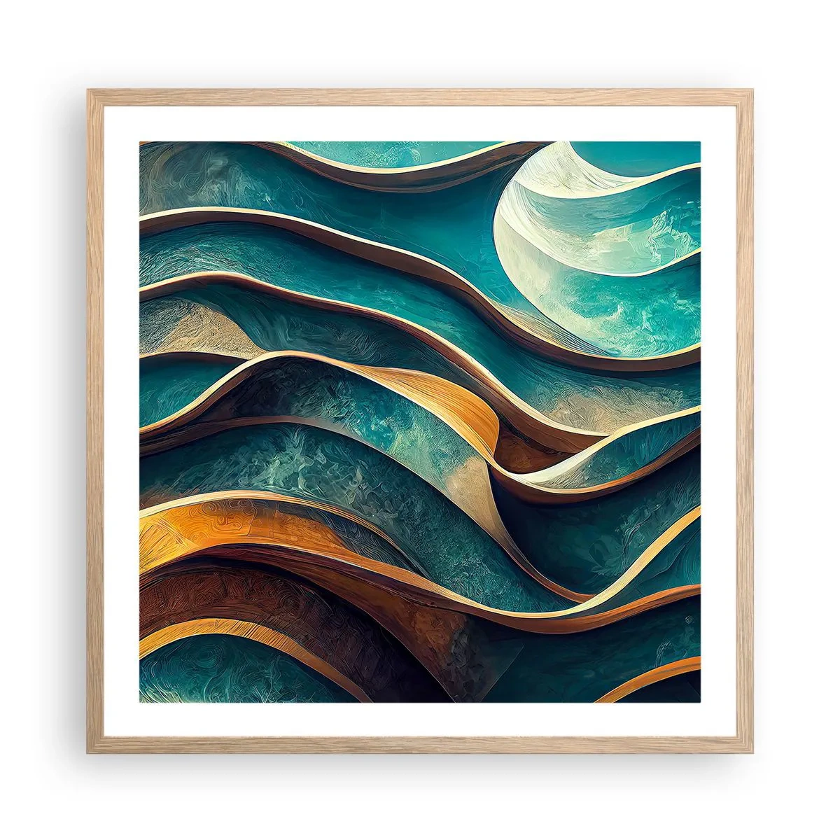 Poster in einem Rahmen aus heller Eiche - Blaue Mäander - 60x60 cm