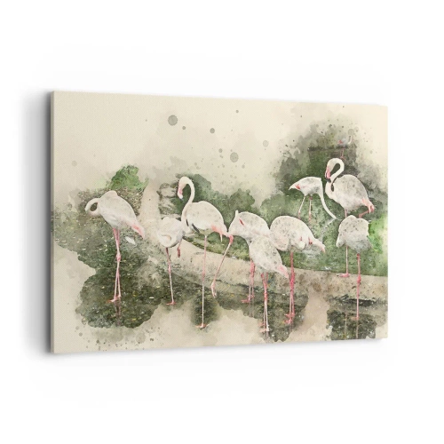 Bild auf Leinwand - Leinwandbild - Flamingos in ihrer natürlichen Umgebung im Aquarellstil - 120x80cm - Exotischer Traum - Moderne Wanddekoration für Wohnzimmer und Schlafzimmer ARTTOR