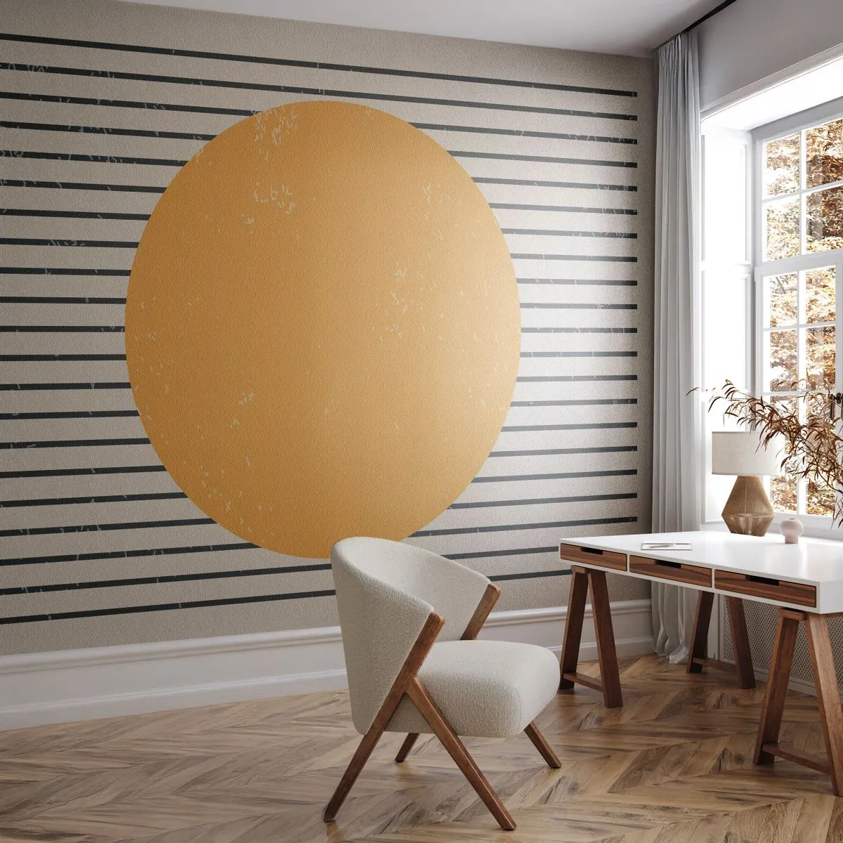 Fototapete Premium Sand - Geometrischer Minimalismus mit gelbem Kreis und schwarzen Linien - 100x70cm - Die Kraft der Einfachheit - Moderne Wanddekoration für Wohnzimmer und Schlafzimmer ARTTOR