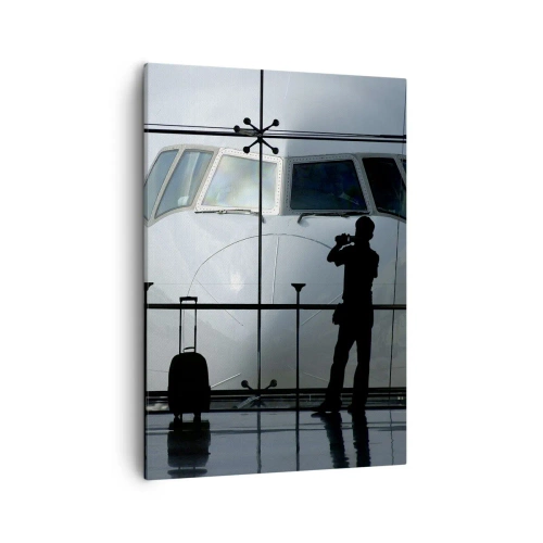 Bild auf Leinwand - Leinwandbild - Flughafen mit Silhouetten von Menschen und Blick auf das Flugzeug - 50x70cm - Vis a vis am Flughafen - Moderne Wanddekoration für Wohnzimmer und Schlafzimmer ARTTOR