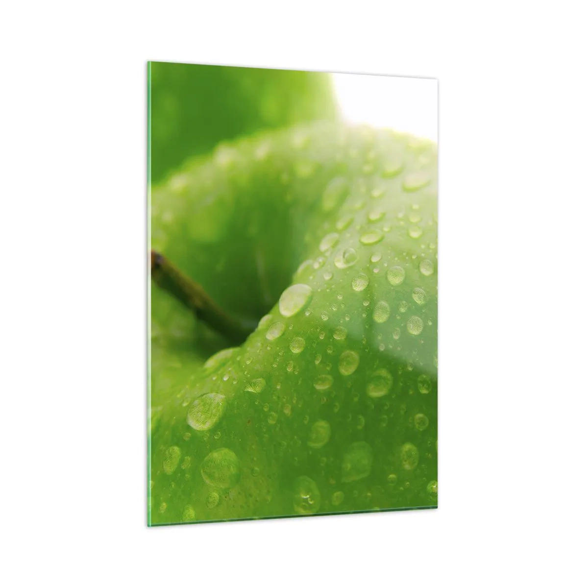 Glasbild - Bild auf glas - Ein grüner Apfel bedeckt mit Wassertropfen - 50x70cm - Grüne kühle Frische - Moderne Wanddekoration für Wohnzimmer und Schlafzimmer ARTTOR
