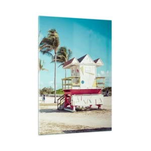 Glasbild - Bild auf glas - Ein Strand mit Palmen und einem Rettungsschwimmerturm im Hintergrund - 80x120cm - Dir steht ein schöner Tag bevor - Moderne Wanddekoration für Wohnzimmer und Schlafzimmer ARTTOR