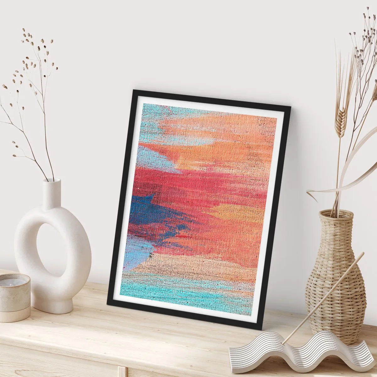 Poster in einem schwarzem Rahmen - Abstrakte Pinselstriche in warmen und kühlen Tönen - 50x70cm - Renne den Regenbogen hinunter - Moderne Wanddekoration für Wohnzimmer und Schlafzimmer ARTTOR