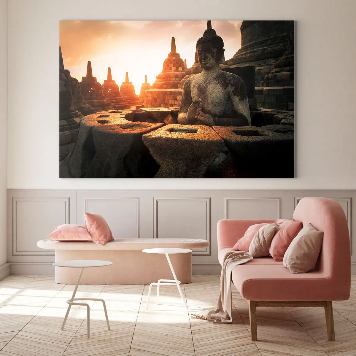 Glasbild - Bild auf glas - Eine von der untergehenden Sonne beleuchtete Buddha-Statue in einem alten Tempelkomplex - 120x80cm - Wetter der großen Weisheit - Moderne Wanddekoration für Wohnzimmer und Schlafzimmer ARTTOR