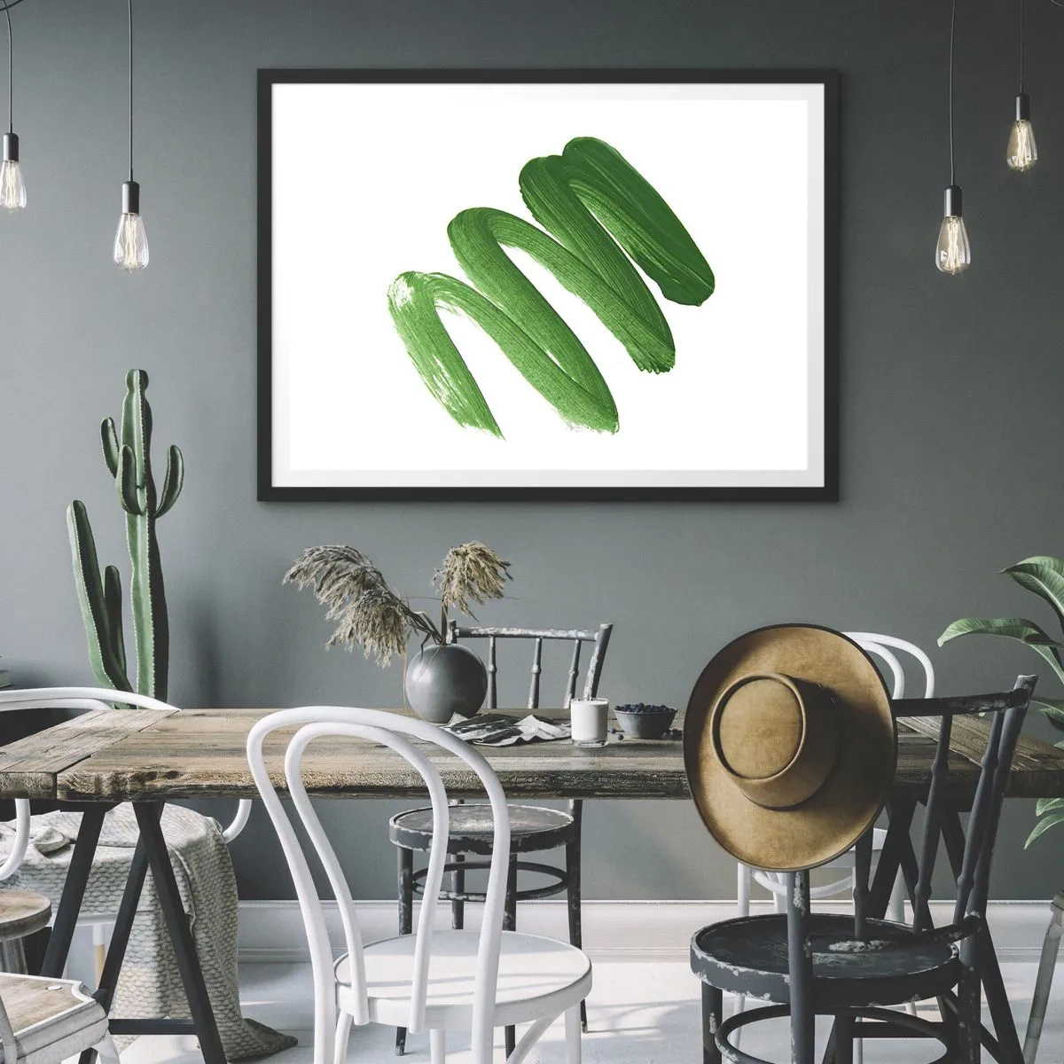 Poster in einem schwarzem Rahmen - Grüner abstrakter Pinselstrich auf weißem Hintergrund - 70x50cm - Grüner Witz - Moderne Wanddekoration für Wohnzimmer und Schlafzimmer ARTTOR