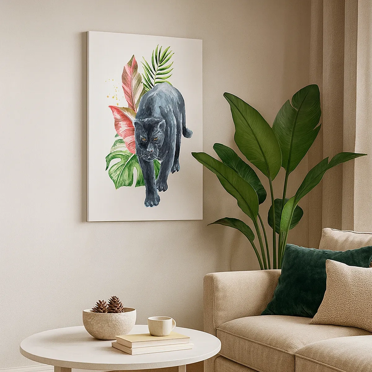 Bild auf Leinwand - Leinwandbild - Schwarzer Panther, umgeben von tropischen Blättern - 50x70cm - Wildheit des Herzens - Moderne Wanddekoration für Wohnzimmer und Schlafzimmer ARTTOR