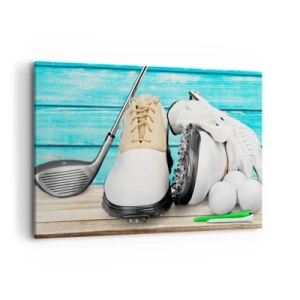 Bild auf Leinwand - Leinwandbild - Ein Set Golfzubehör auf einem hölzernen Hintergrund - 100x70cm - Alles ist bereit - Moderne Wanddekoration für Wohnzimmer und Schlafzimmer ARTTOR