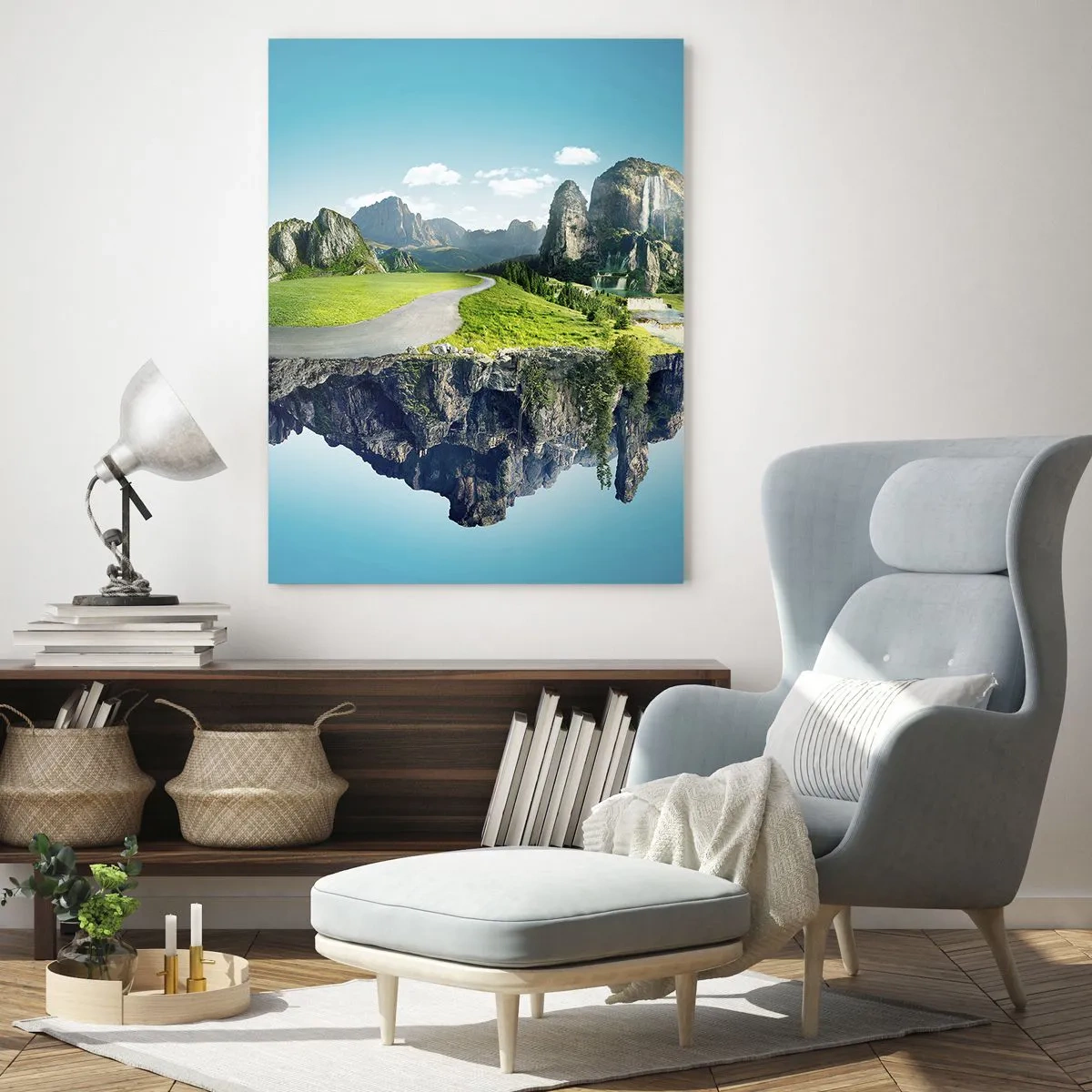 Glasbild - Bild auf glas - Eine schwimmende Insel mit Bergen, einem Wasserfall und viel Grün - 50x70cm - Fantastische Insel - Moderne Wanddekoration für Wohnzimmer und Schlafzimmer ARTTOR