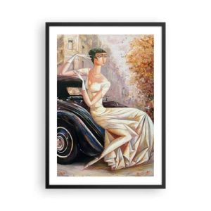 Poster in einem schwarzem Rahmen - Elegante Frau neben einem Retro-Auto im malerischen Stil - 50x70cm - Eleganz im Retro-Stil - Moderne Wanddekoration für Wohnzimmer und Schlafzimmer ARTTOR