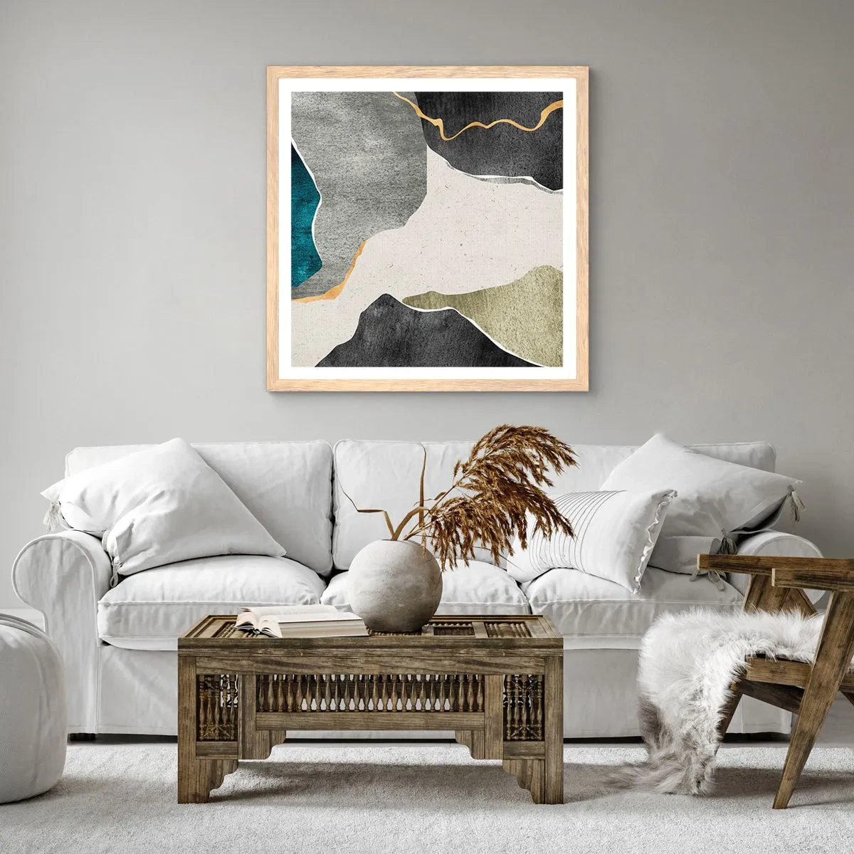 Poster in einem Rahmen aus heller Eiche - Mosaikkomposition mit Goldfaden - 50x50 cm