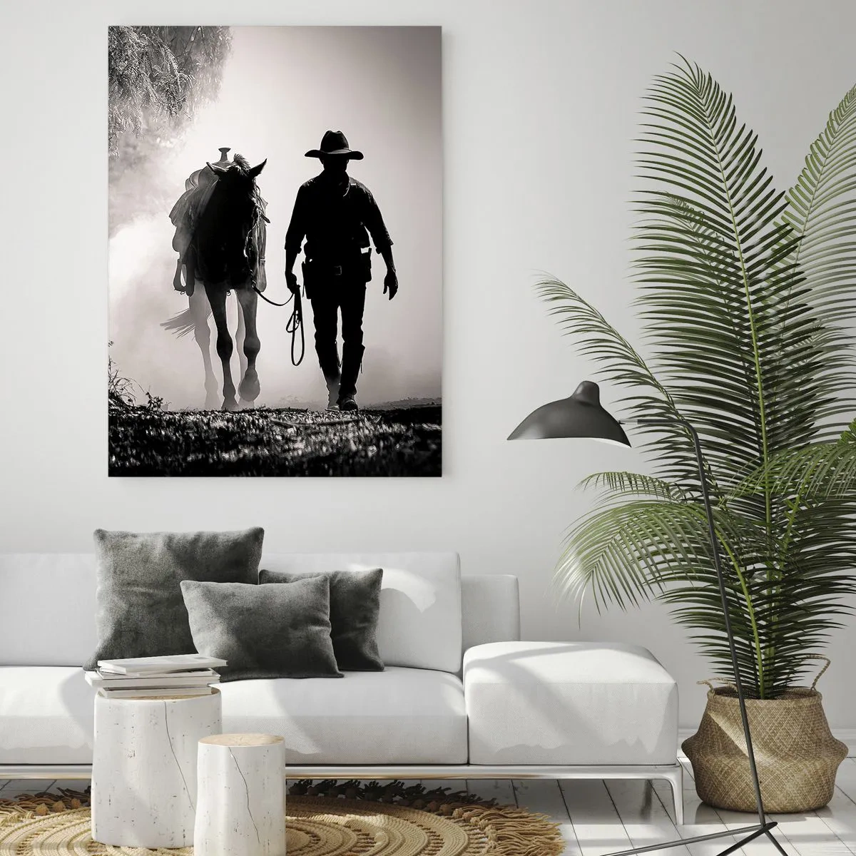 Glasbild - Bild auf glas - Silhouette eines Cowboys, der ein Pferd durch eine neblige Landschaft führt - 50x70cm - Texas-Morgen - Moderne Wanddekoration für Wohnzimmer und Schlafzimmer ARTTOR