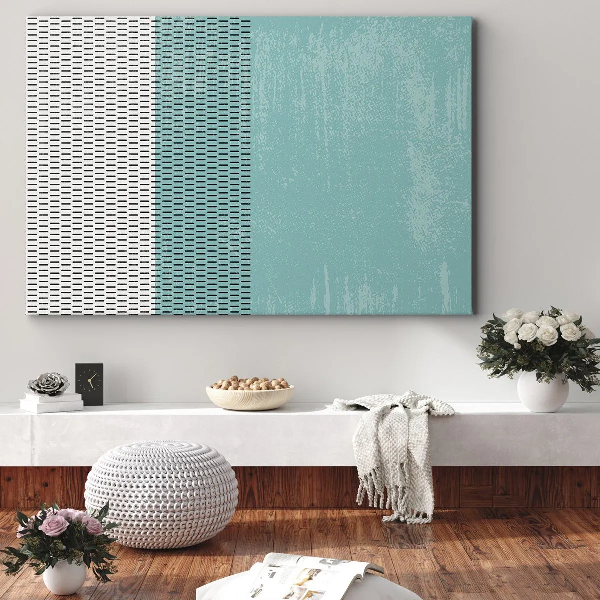 Bild auf Leinwand - Leinwandbild - Geometrische Komposition mit Türkis und Linien - 70x50cm - Eine ausgewogene Komposition - Moderne Wanddekoration für Wohnzimmer und Schlafzimmer ARTTOR
