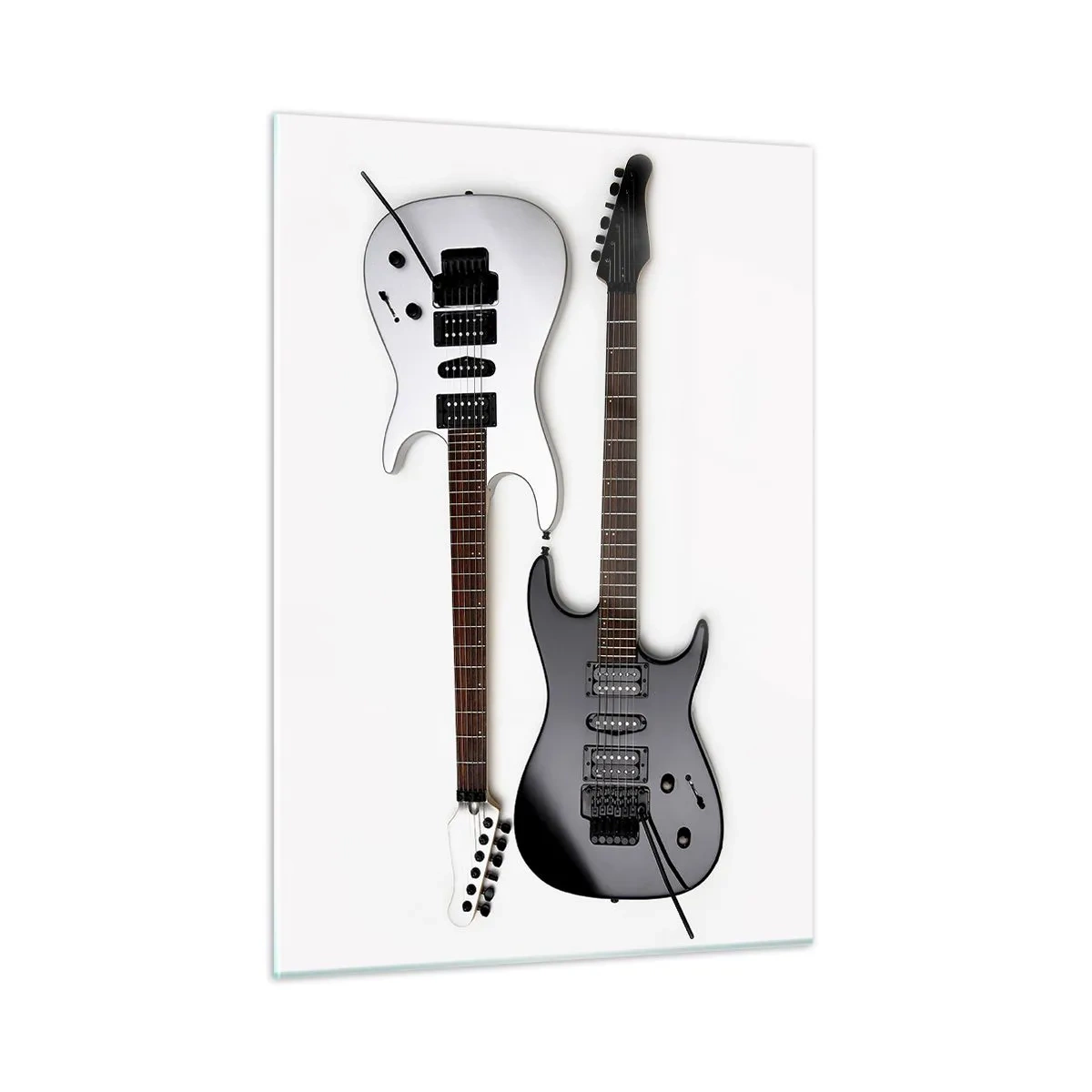 Glasbild - Bild auf glas - Schwarze und weiße E-Gitarren auf weißem Hintergrund - 50x70cm - Harmonie der Formen - Moderne Wanddekoration für Wohnzimmer und Schlafzimmer ARTTOR