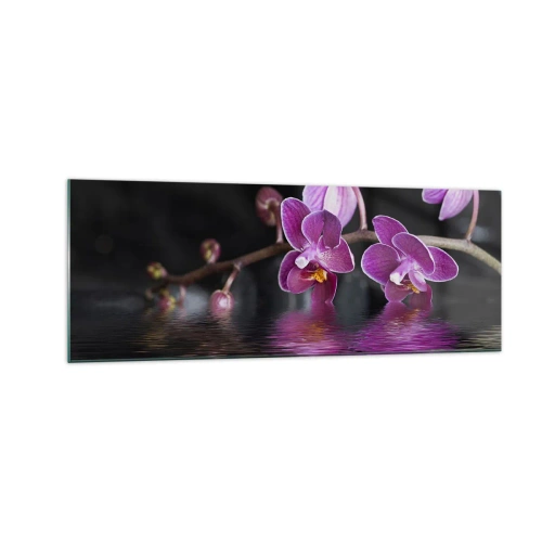 Glasbild - Bild auf glas - Lila Orchideen über ruhigem Wasser vor schwarzem Hintergrund - 140x50cm - Lila Spiegelbild der Schönheit - Moderne Wanddekoration für Wohnzimmer und Schlafzimmer ARTTOR