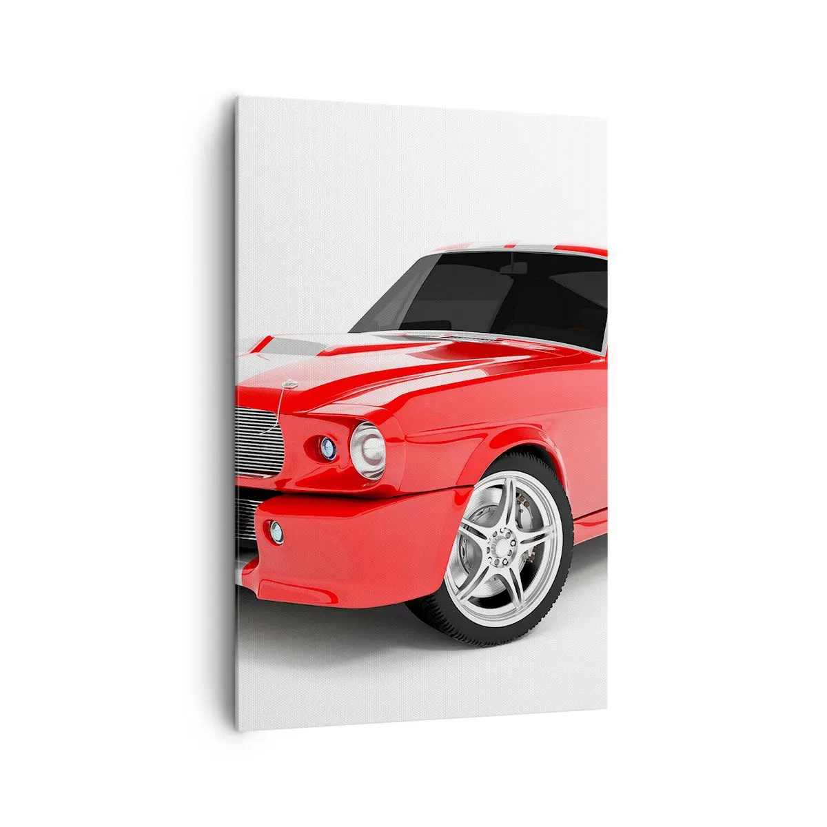 Bild auf Leinwand - Leinwandbild - Roter Sportwagen mit weißen Streifen - 80x120cm - Ein Mustang so schnell wie der Wind - Moderne Wanddekoration für Wohnzimmer und Schlafzimmer ARTTOR