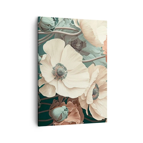 Bild auf Leinwand - Leinwandbild - Elegante Blumen in Pastelltönen auf grünem Hintergrund - 50x70cm - Flüstern von Mohnblumen - Moderne Wanddekoration für Wohnzimmer und Schlafzimmer ARTTOR